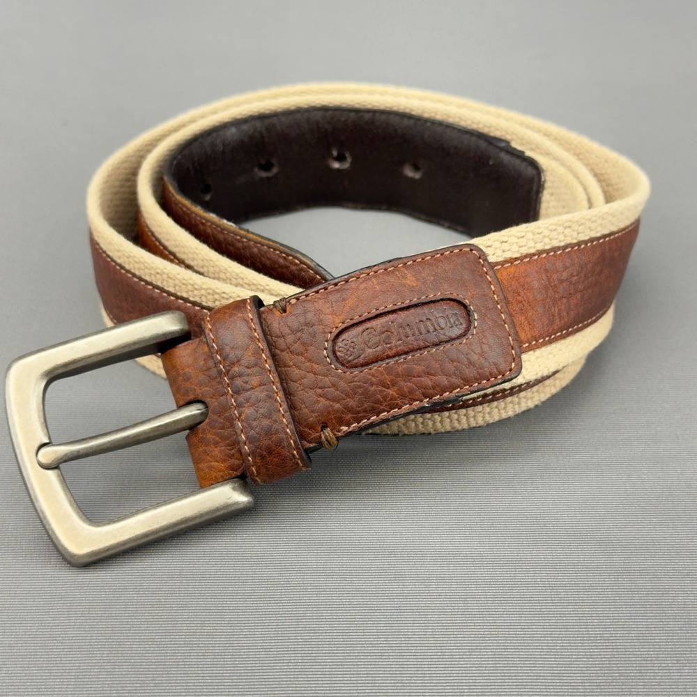 Columbia Mens Casual Canvas Leather Trim Belt Silver Buckle Size 42‎